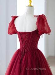 Wine Red Tulle Beaded Long Evening Prom Dress, A-Line Sweetheart Formal Evening Dress