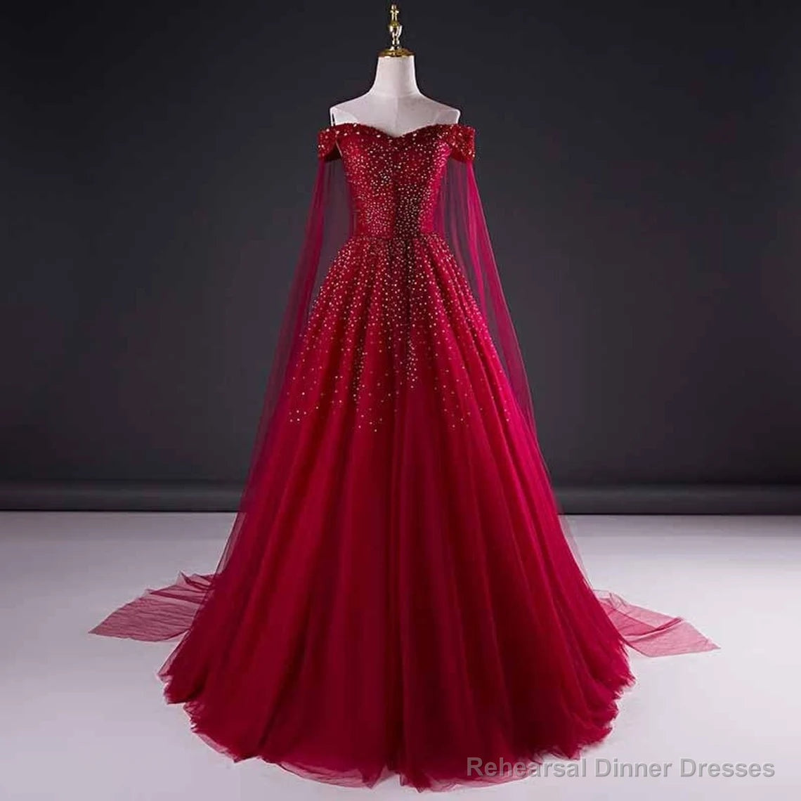 Wine Red Tulle Beaded Tulle Sparkle Long Prom Dress, Dark Red Sweet 16 Gown Secondary image