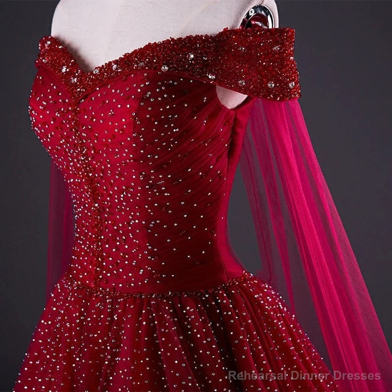 Wine Red Tulle Beaded Tulle Sparkle Long Prom Dress, Dark Red Sweet 16 Gown