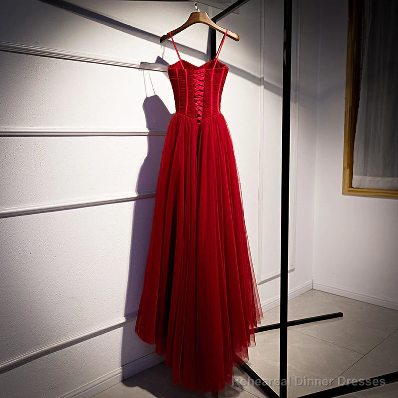Wine Red Tulle Long Straps Party Dress Prom Dress, A-line Dark Red Formal Gown Main image