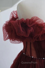 Wine Red Tulle Sequins Long Off Shoulder Party Dress, Wine Red Tulle Evening Prom Dress