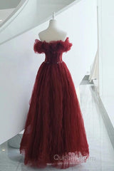 Wine Red Tulle Sequins Long Off Shoulder Party Dress, Wine Red Tulle Evening Prom Dress