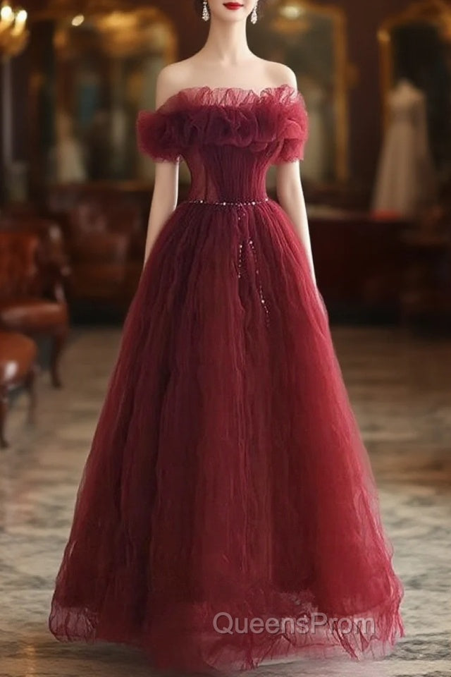 Wine Red Tulle Sequins Long Off Shoulder Party Dress, Wine Red Tulle Evening Prom Dress Main image