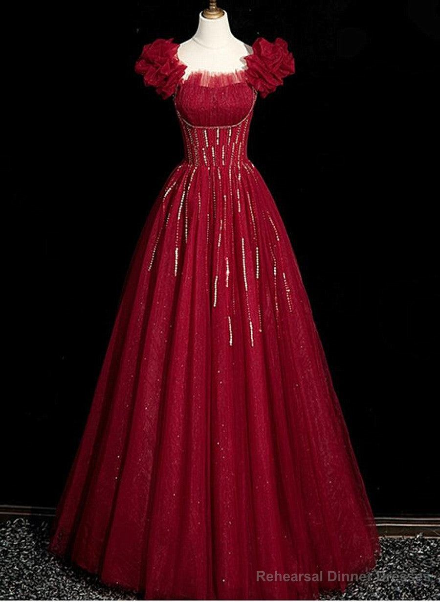 Wine Red Tulle Short Sleeves Beaded Party Dress, A-line Wine Red Prom Dress Main image