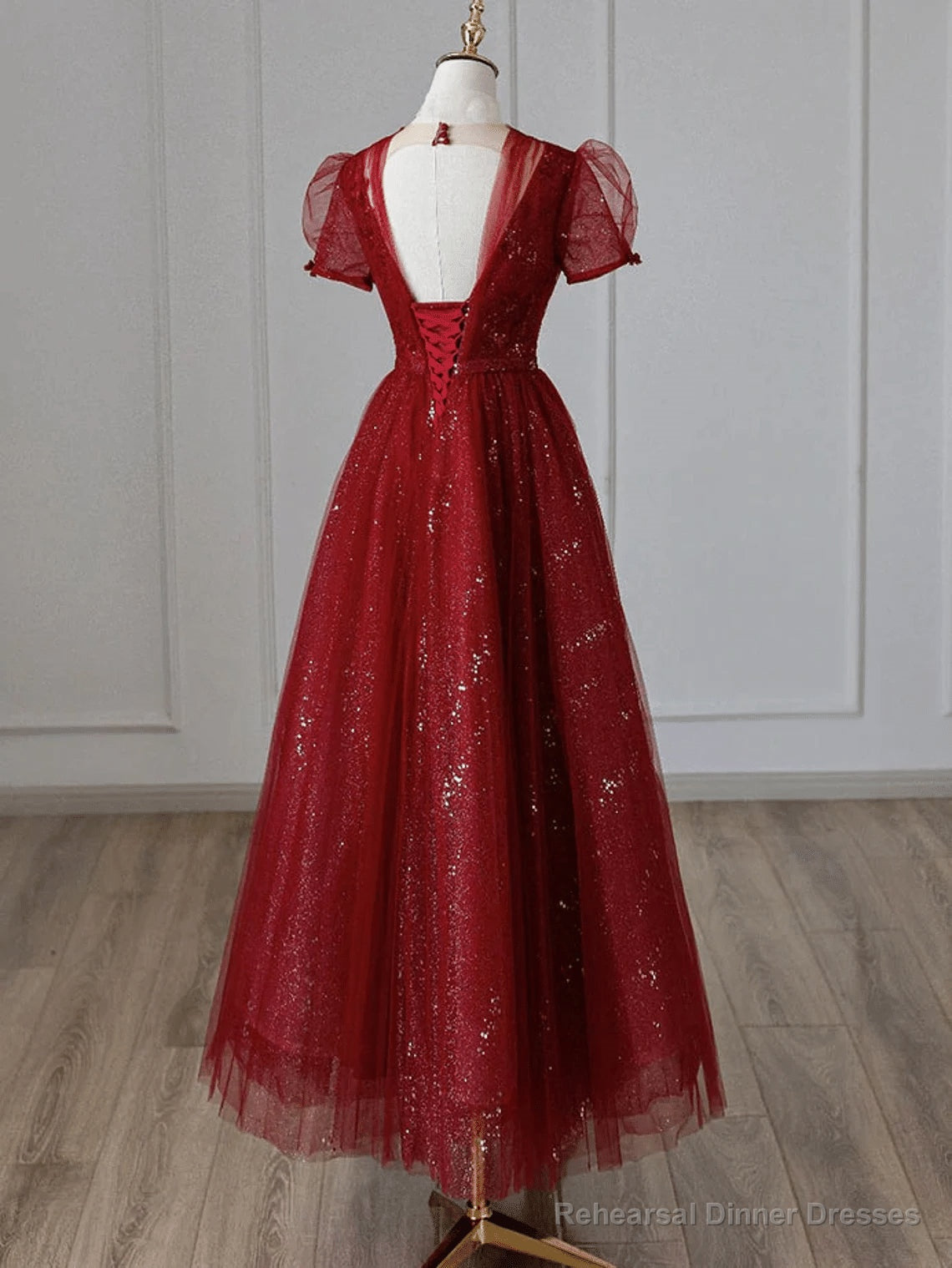 Wine Red Tulle Short Sleeves Long Party Dress Wine Red Evening Gown prom dresses shops Secondary image