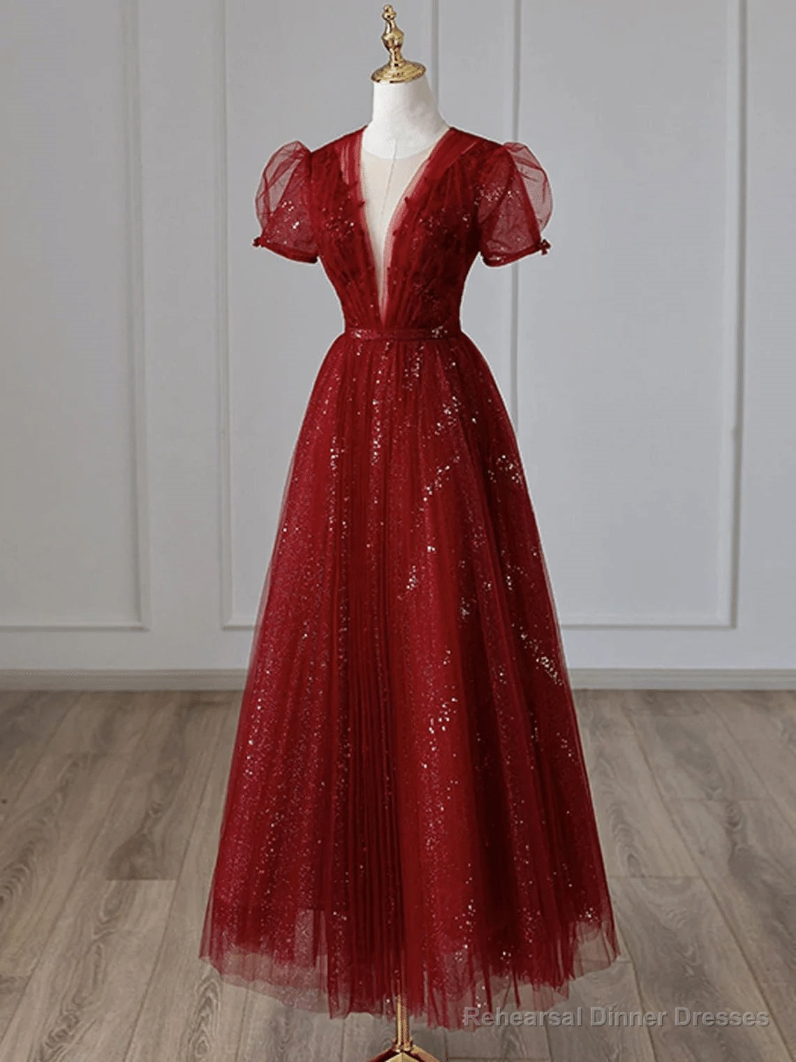Wine Red Tulle Short Sleeves Long Party Dress Wine Red Evening Gown prom dresses shops