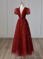 Wine Red Tulle Short Sleeves Long Party Dress Wine Red Evening Gown prom dresses shops
