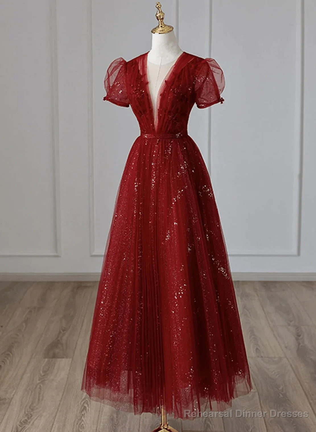 Wine Red Tulle Short Sleeves Long Party Dress Wine Red Evening Gown prom dresses shops