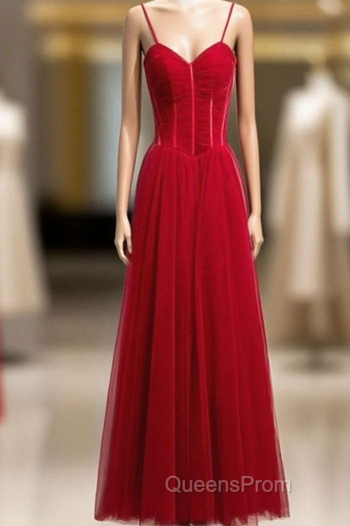 Wine Red Tulle Straps Long Sweetheart Party Dress Formal Dress, A-Line Dark Red Evening Dress Main image