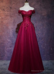 Wine Red Tulle Sweetheart Long Prom Dress, A-line Party Dress