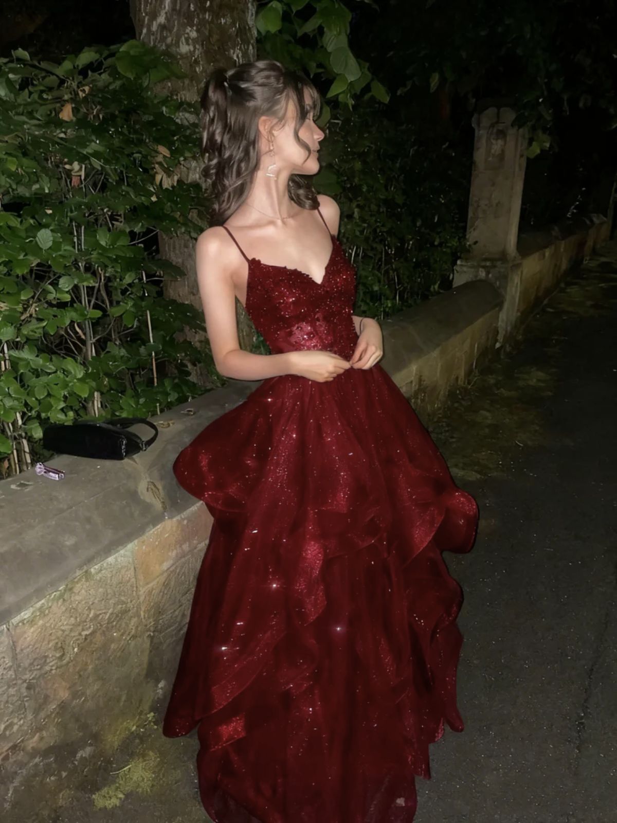 Wine Red Tulle V-Neckline With Lace Applique Classy Prom Dress, WIne Red Long Classy Dress Main image