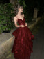 Wine Red Tulle V-Neckline With Lace Applique Classy Prom Dress, WIne Red Long Classy Dress