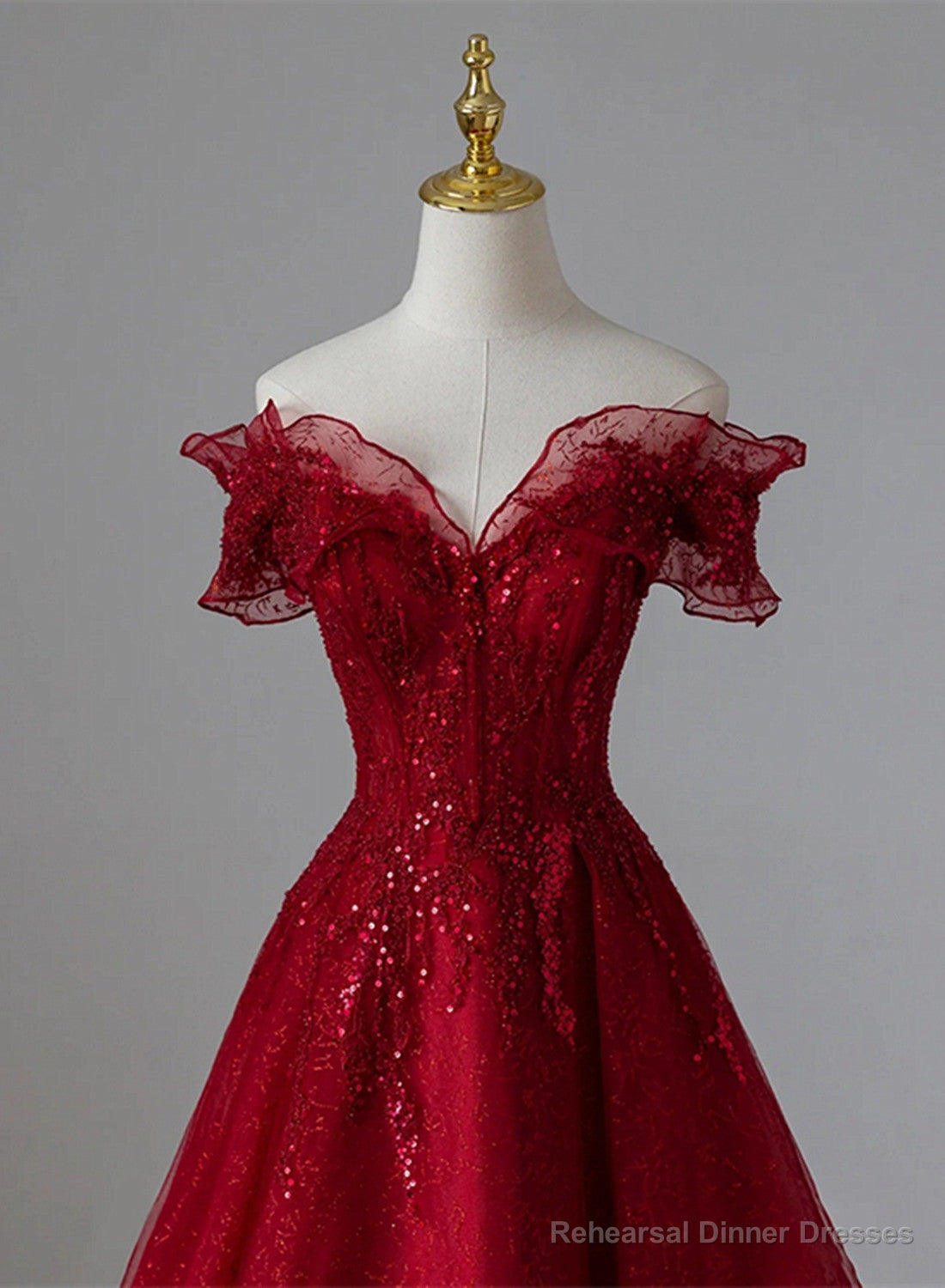 Wine Red Tulle with Sequins and Lace Party Dress Wine Red A-line Prom Dress prom dresses shops Secondary image