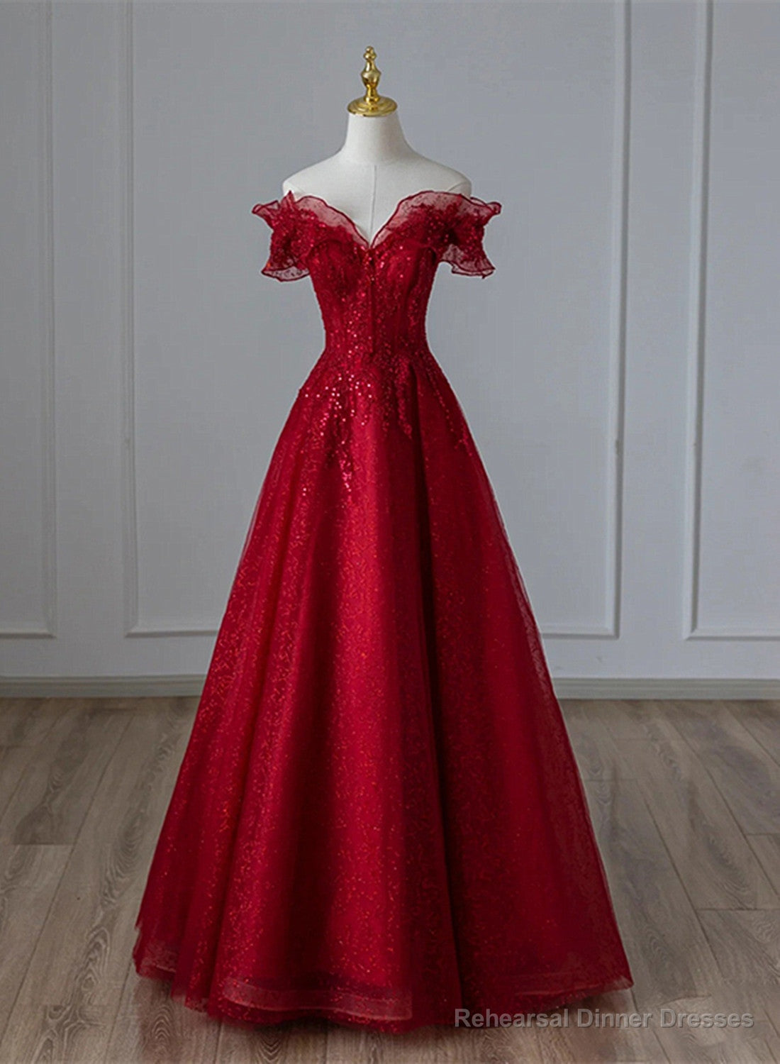 Wine Red Tulle with Sequins and Lace Party Dress, Wine Red A-line Prom Dress Main image