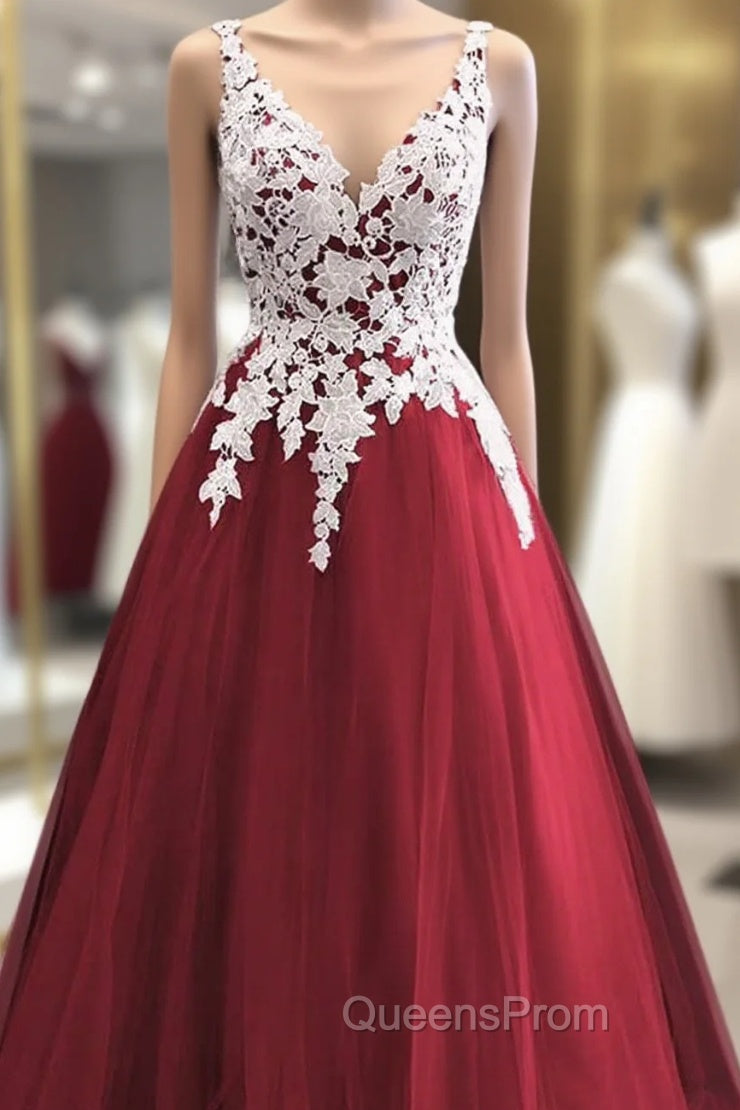 Wine Red Tulle With White Lace V-Neckline Evening Prom Dress, Wine Red Long Evening Dress Main image