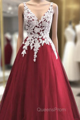 Wine Red Tulle With White Lace V-Neckline Evening Prom Dress, Wine Red Long Evening Dress