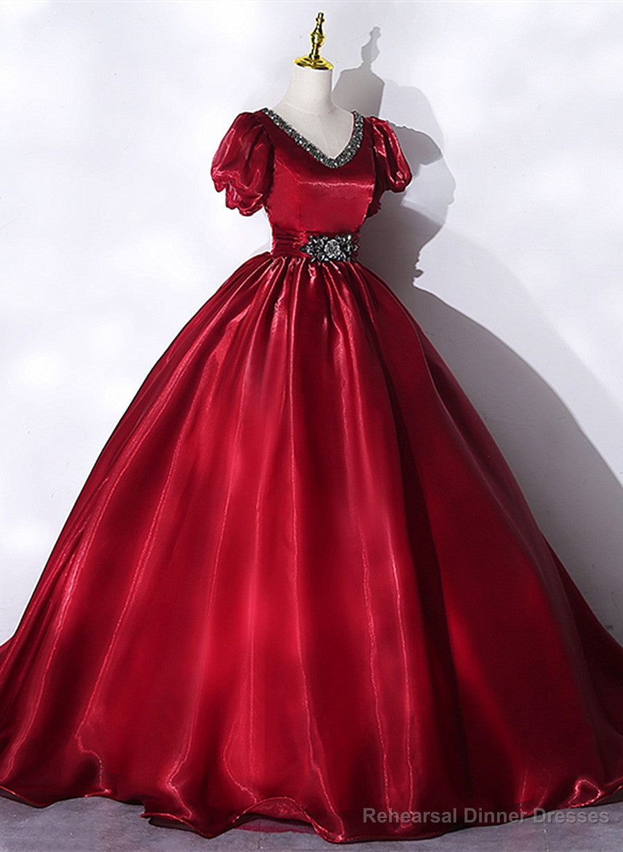 Wine Red V-neckline Beaded Ball Gown Prom Dress, Wine Red Sweet 16 Dress Main image