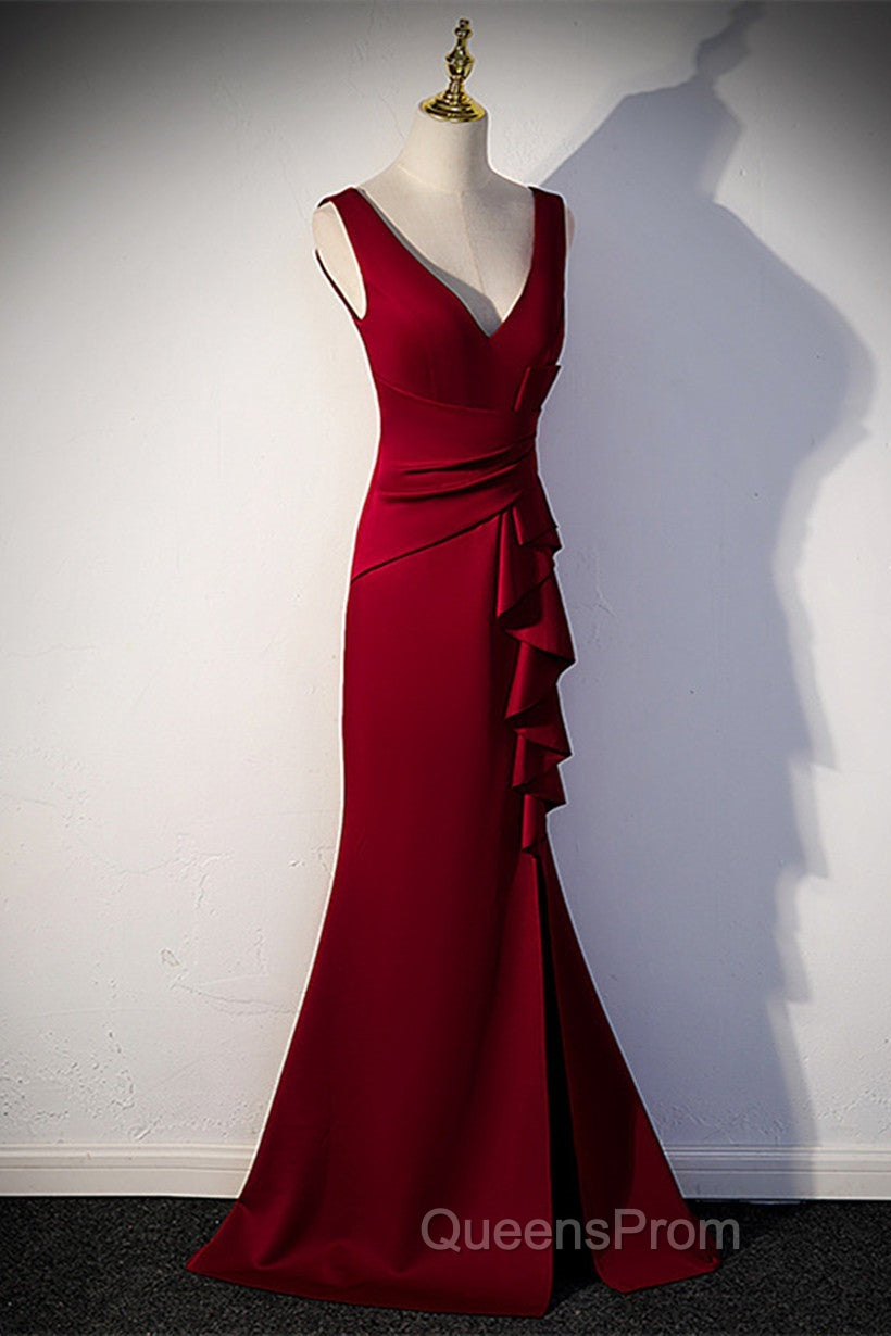 Wine Red V-Neckline Mermaid Long Party Dress With Leg Slit, Wine Red Evening Prom Dress Secondary image