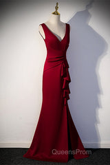 Wine Red V-Neckline Mermaid Long Party Dress With Leg Slit, Wine Red Evening Prom Dress