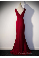 Wine Red V-Neckline Mermaid Long Party Dress With Leg Slit, Wine Red Evening Prom Dress
