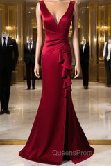 Wine Red V-Neckline Mermaid Long Party Dress With Leg Slit, Wine Red Evening Prom Dress