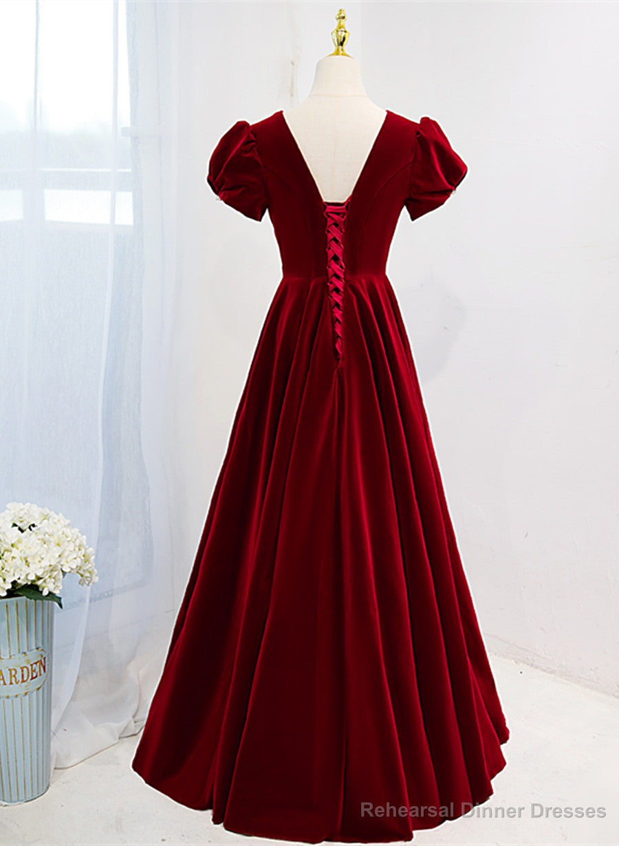 Wine Red V-neckline Velvet Prom Dress Party Dress, A-line Wedding Party Dress Secondary image