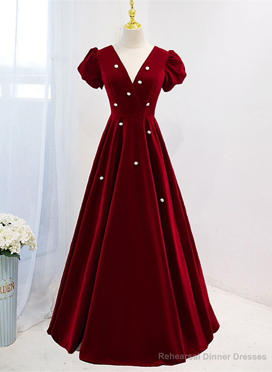 Wine Red V-neckline Velvet Prom Dress Party Dress, A-line Wedding Party Dress Main image