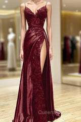 Wine Red V-Neclline Satin With Lace Long Evening Prom Dress, Wine Red Leg Slit Party Dress