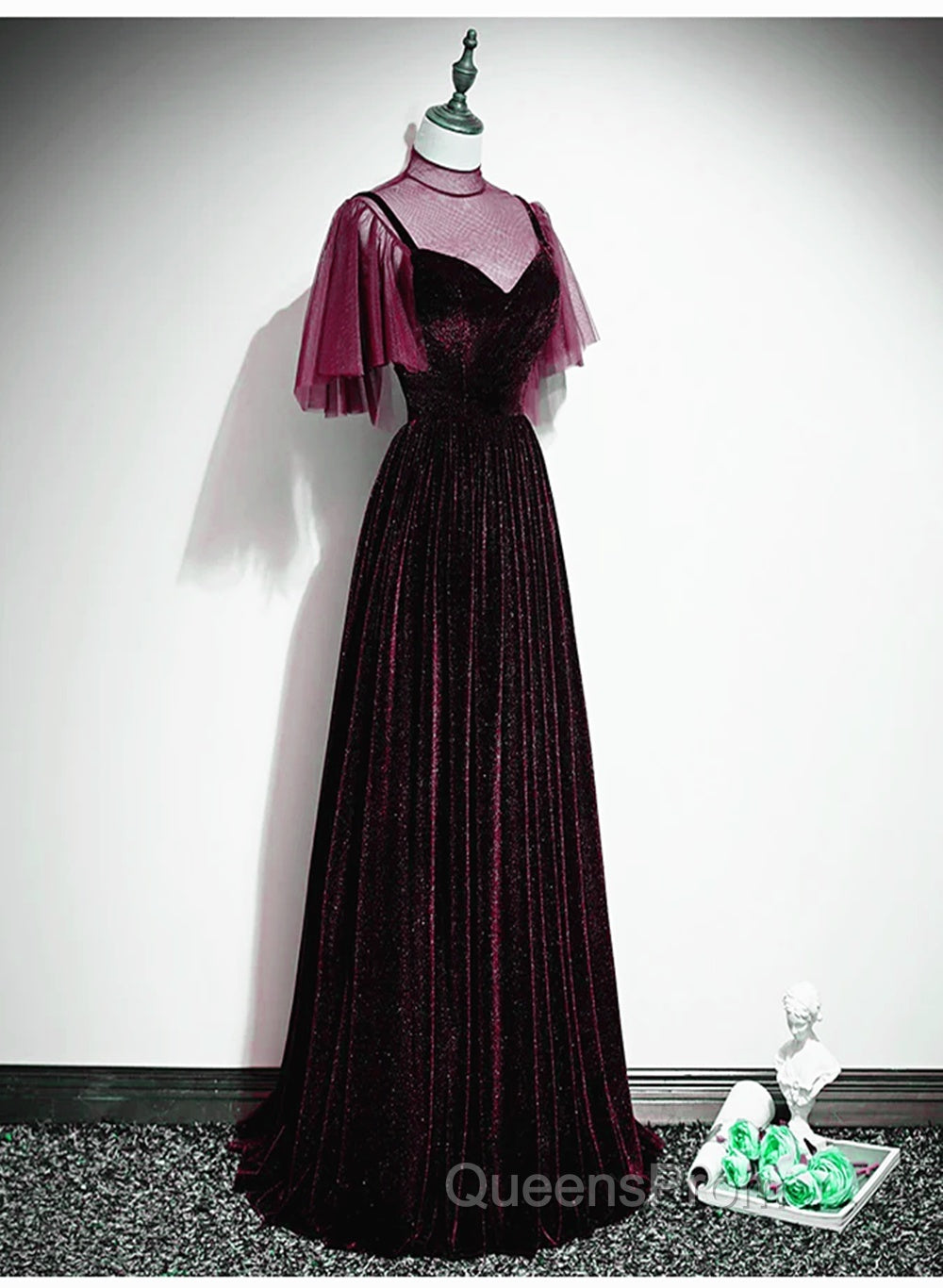 Wine Red Velvet A-Line Long High Neckline Party Dress, Wine Red Long Bridesmaid Dress Secondary image