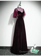 Wine Red Velvet A-Line Long High Neckline Party Dress, Wine Red Long Bridesmaid Dress
