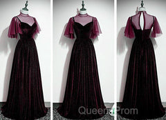 Wine Red Velvet A-Line Long High Neckline Party Dress, Wine Red Long Bridesmaid Dress
