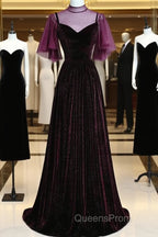 Wine Red Velvet A-Line Long High Neckline Party Dress, Wine Red Long Bridesmaid Dress
