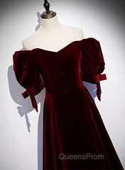 Wine Red Velvet A-Line Simple Party Dress, Wine Red Velvet Long Evening Prom Dress