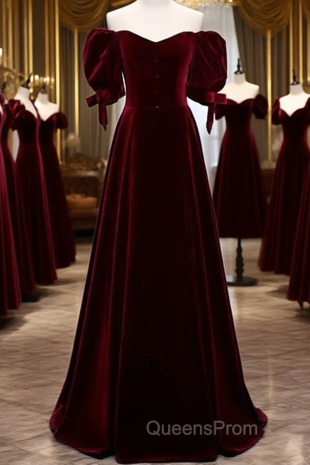 Wine Red Velvet A-Line Simple Party Dress, Wine Red Velvet Long Evening Prom Dress