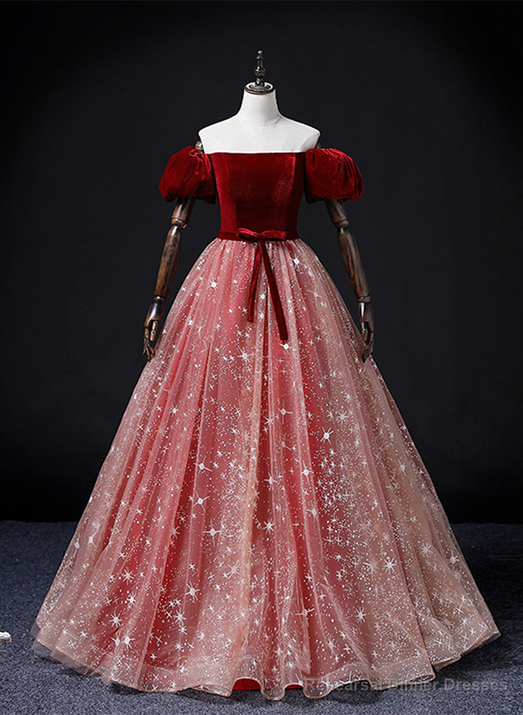 Wine Red Velvet and Pink Tulle Off Shoulder Formal Dress, Pink Sweet 16 Dresses Main image