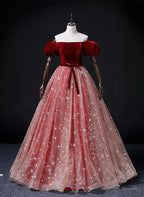 Wine Red Velvet and Pink Tulle Off Shoulder Formal Dress, Pink Sweet 16 Dresses