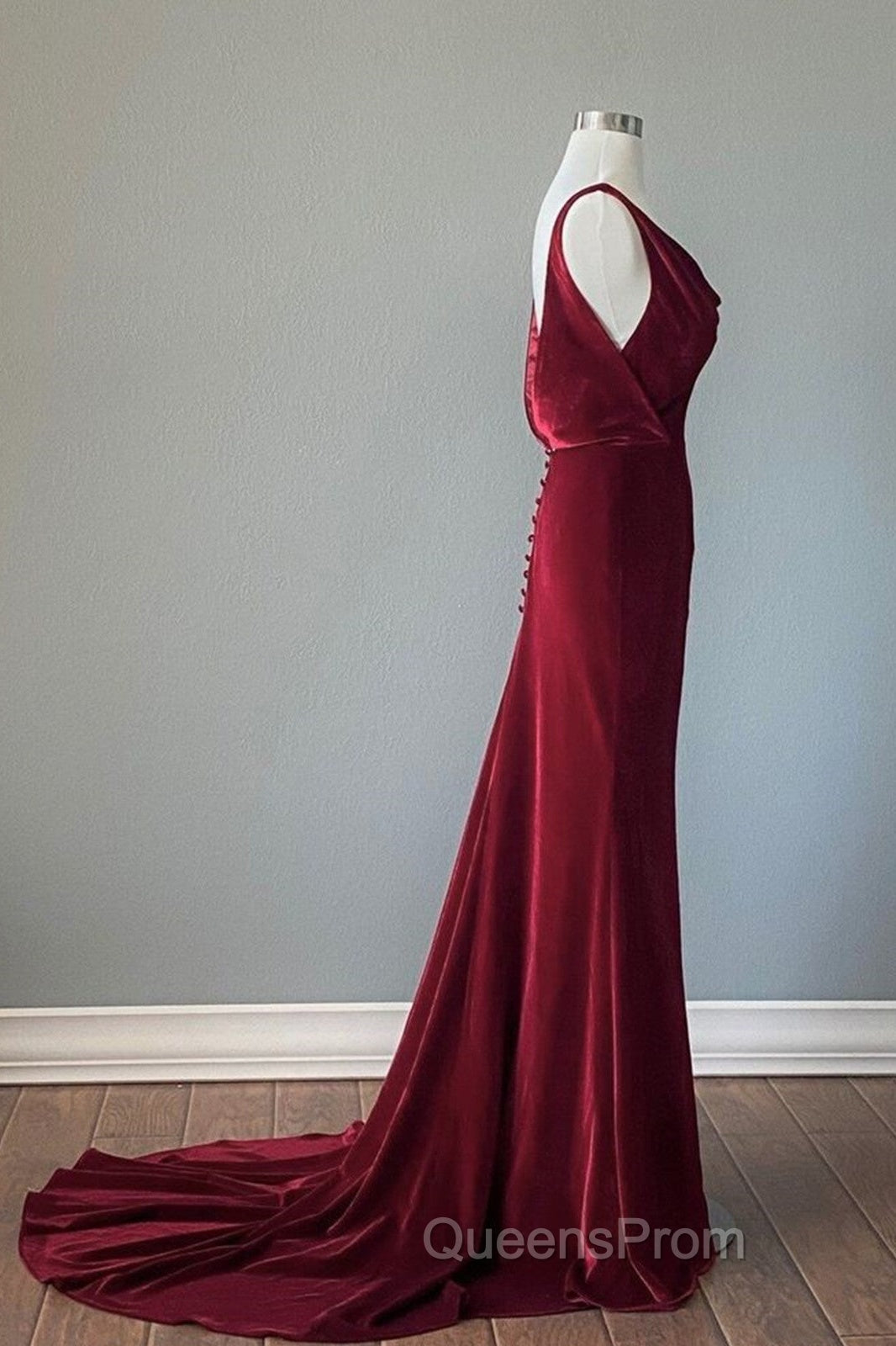 Wine Red Velvet Backless Straps Evening Prom Dress, Wine Red Velvet Party Dress Secondary image