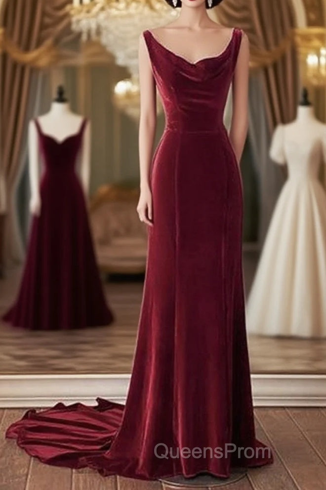 Wine Red Velvet Backless Straps Evening Prom Dress, Wine Red Velvet Party Dress Main image