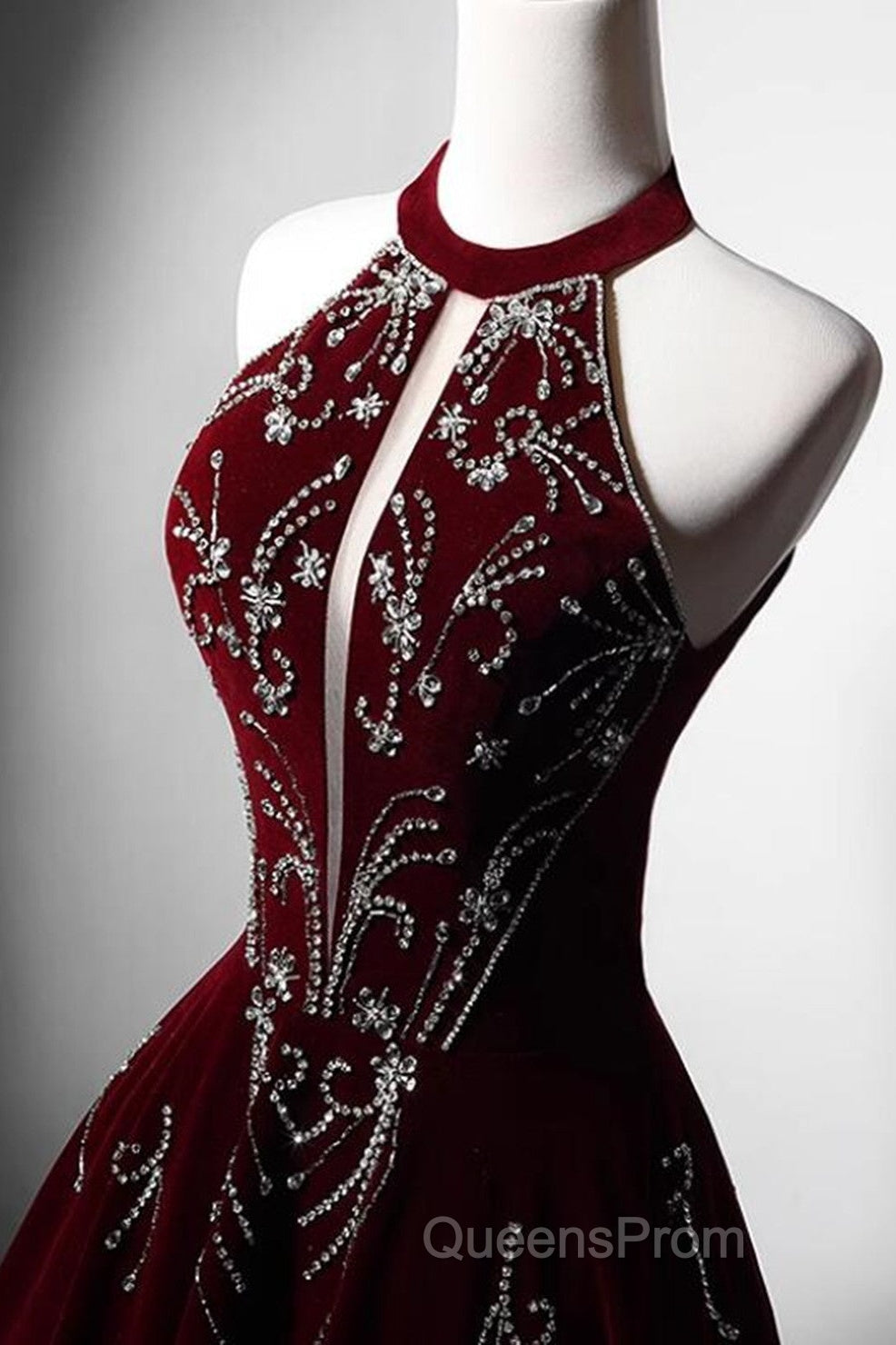 Wine Red Velvet Beaded Halter Long Formal Dress, A-Line Velvet Evening Prom Dress Secondary image