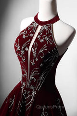 Wine Red Velvet Beaded Halter Long Formal Dress, A-Line Velvet Evening Prom Dress