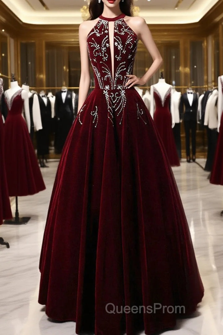 Wine Red Velvet Beaded Halter Long Formal Dress, A-Line Velvet Evening Prom Dress Main image