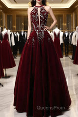 Wine Red Velvet Beaded Halter Long Formal Dress, A-Line Velvet Evening Prom Dress