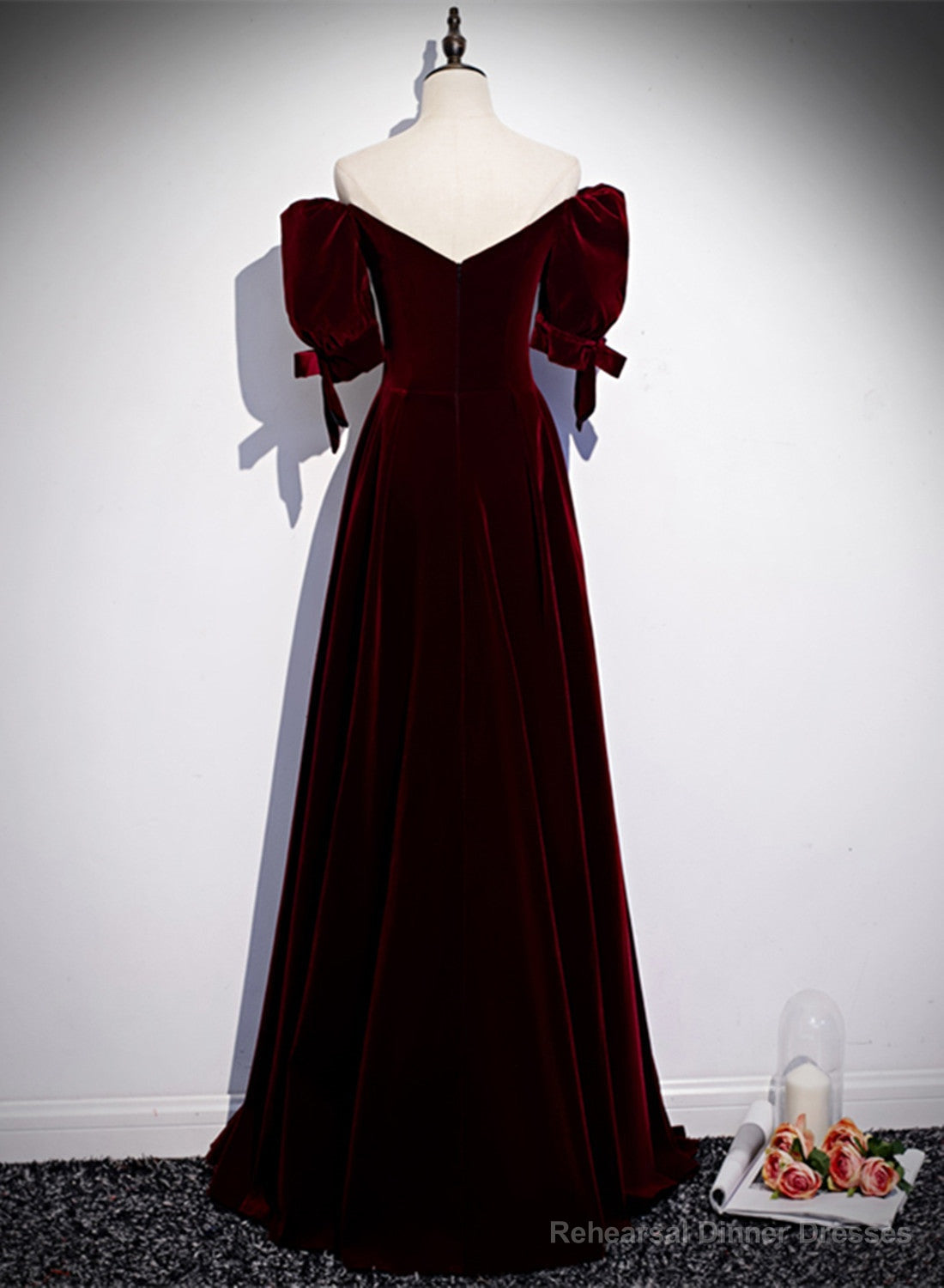 Wine Red Velvet Floor Length Short Sleeves Party Dress, A-line Wine Red Bridesmaid Dress Secondary image