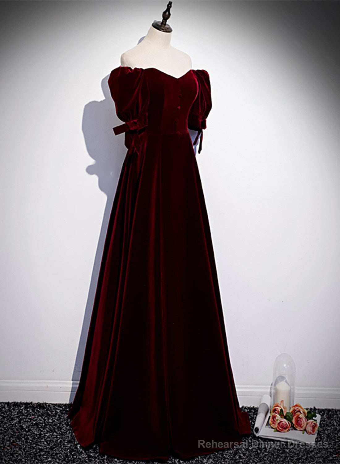 Wine Red Velvet Floor Length Short Sleeves Party Dress, A-line Wine Red Bridesmaid Dress Main image