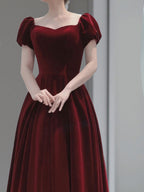 Wine Red Velvet Floor Length Wedding Party Dress, Short Sleeves Classy Prom Dress