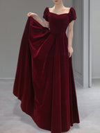 Wine Red Velvet Floor Length Wedding Party Dress, Short Sleeves Classy Prom Dress