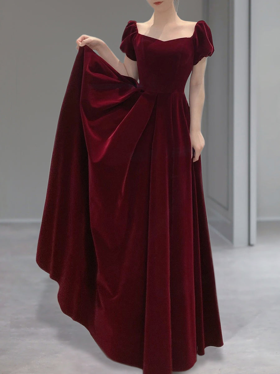 Wine Red Velvet Floor Length Wedding Party Dress, Short Sleeves Classy Prom Dress