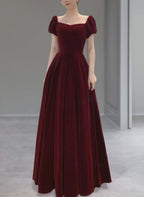 Wine Red Velvet Floor Length Wedding Party Dress, Short Sleeves Classy Prom Dress