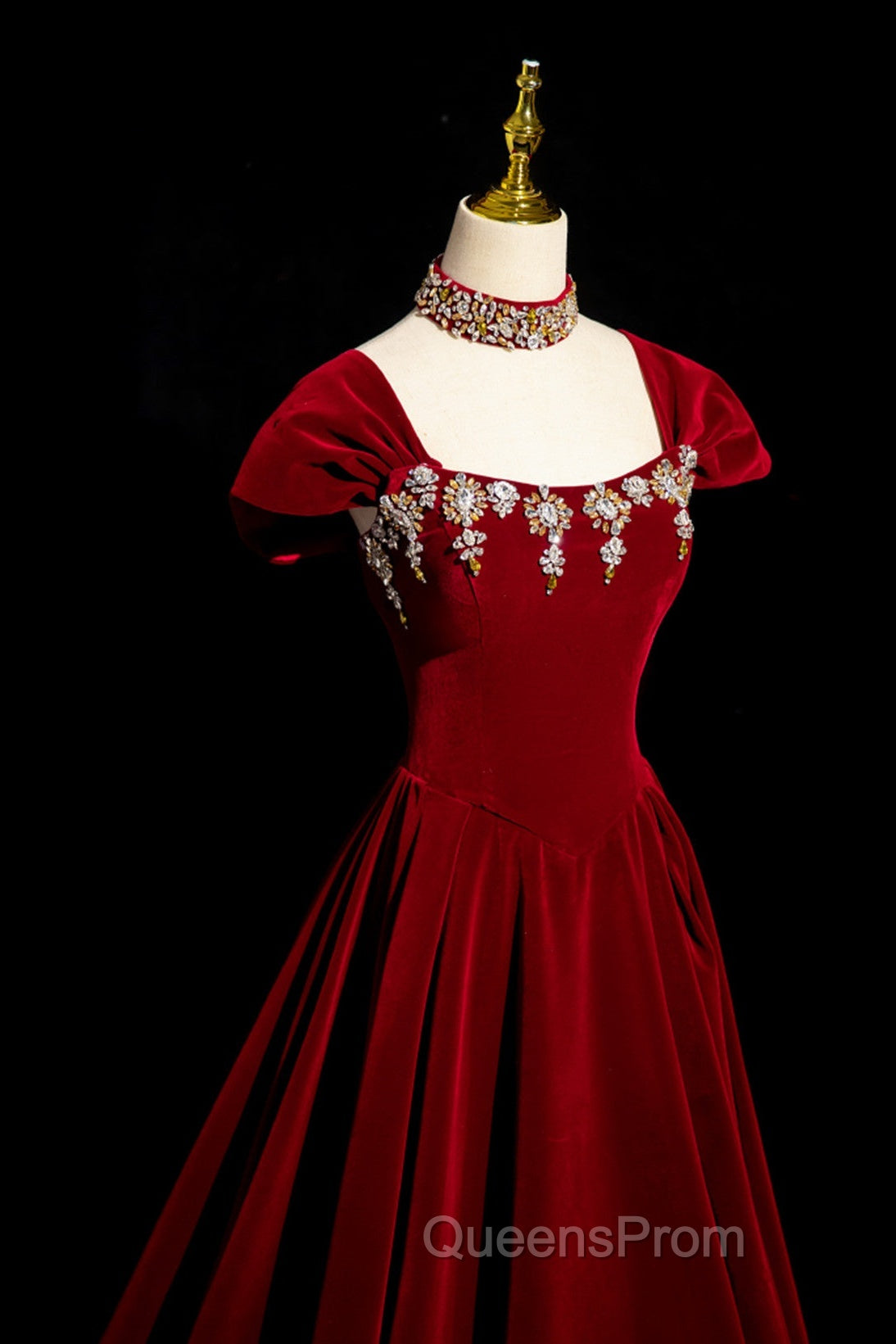 Wine Red Velvet Long Formal Dress With Beadings, Wine Red Evening Prom Dress Secondary image