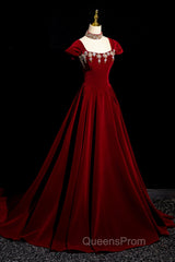 Wine Red Velvet Long Formal Dress With Beadings, Wine Red Evening Prom Dress